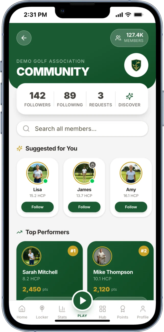 Community screen with followers, suggested golfers and top performers