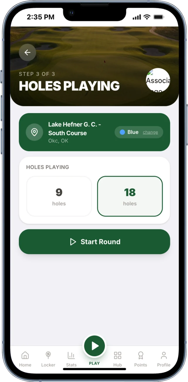 Round setup screen choosing a course and nine or eighteen holes