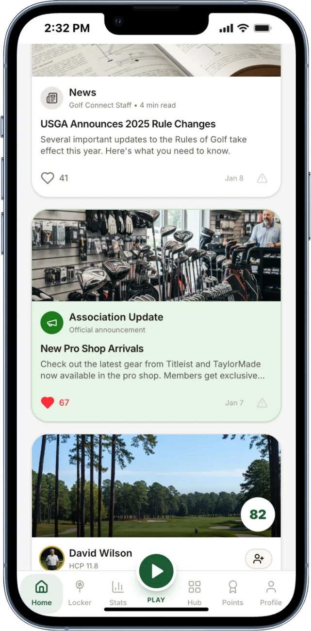 Social feed screen with association news and posted rounds