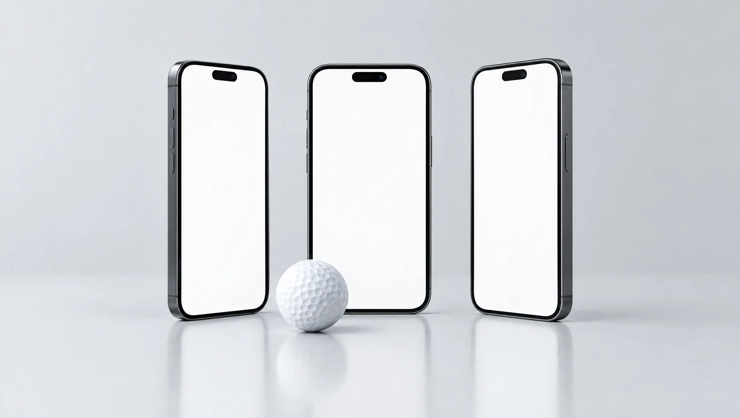 Three phones standing on a pale surface beside a golf ball